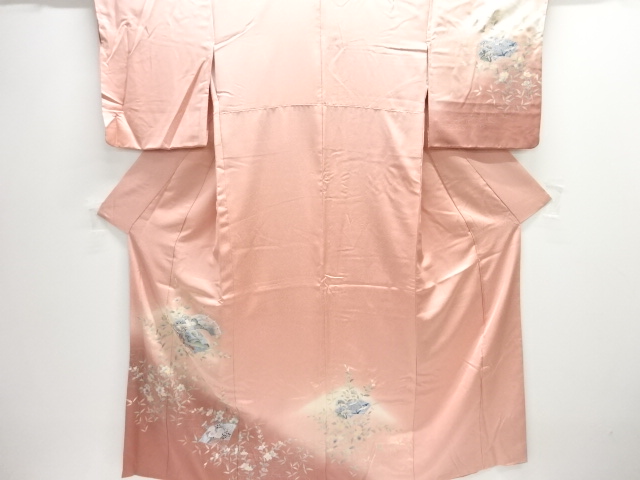 JAPANESE KIMONO / HOMONGI / SILK / FOLDING FAN & CARRIAGE & FLORAL PLANTS